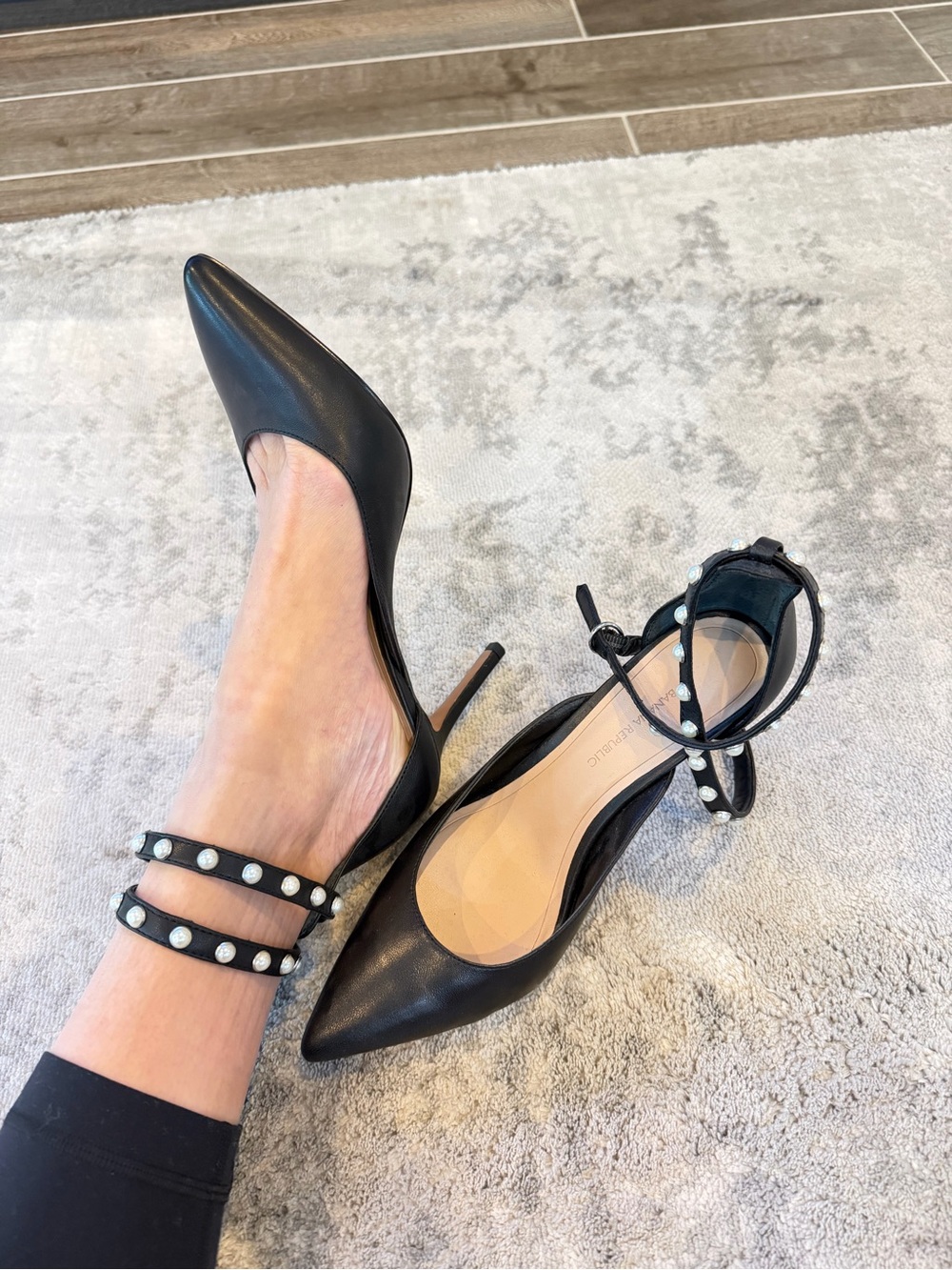 Banana Republic Black Pointed Pearl-Ankle Strap Stilettos